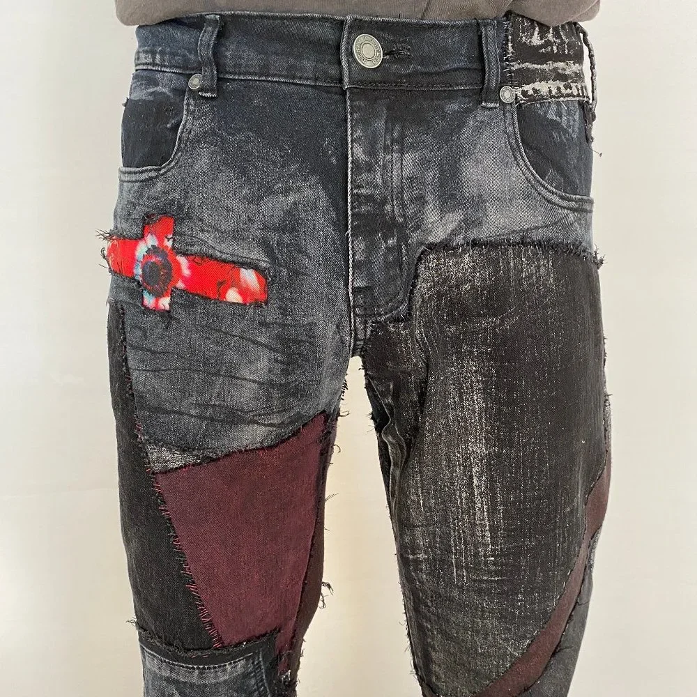 Acid Washed Black & Grey jeans with Metallic silver and CRIMSON Rose Tie Dye - Picture 4 of 17